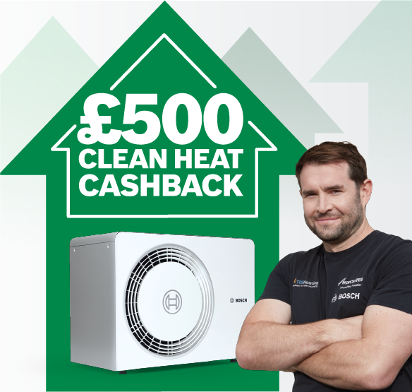 Installer next to heat pump with text saying £500 clean heat cashback